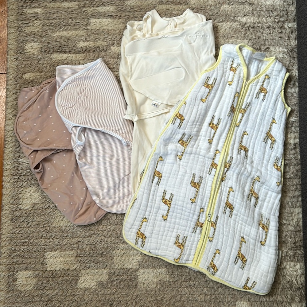 Set of 4, Swaddles and Sleep Sack, (Aden & Anais, Ely’s & Co, Halo)